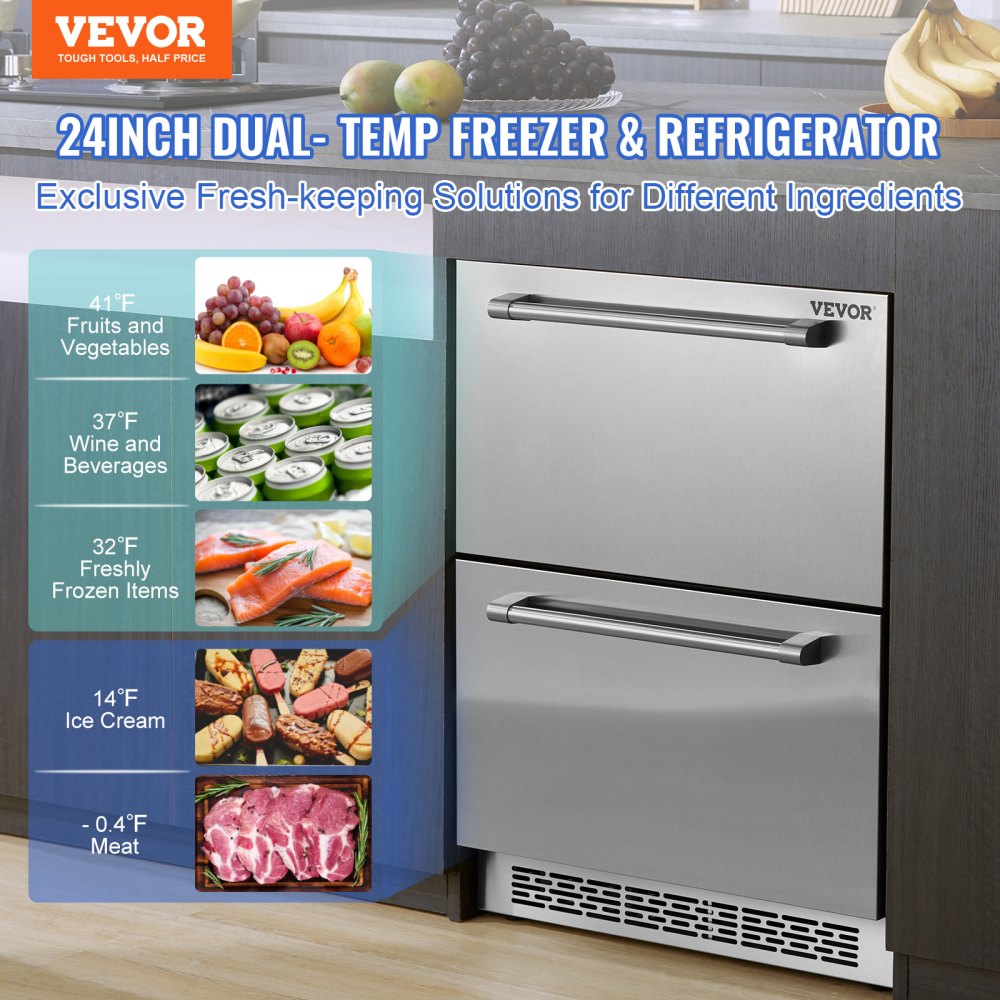 VEVOR 24 inch Undercounter Refrigerator, 2 Drawer Refrigerator with  Different Temperature, 4.87 Cu.ft. Capacity, Waterproof Indoor and Outdoor Under  Counter Freezer Fridge for Home and Commercial Use